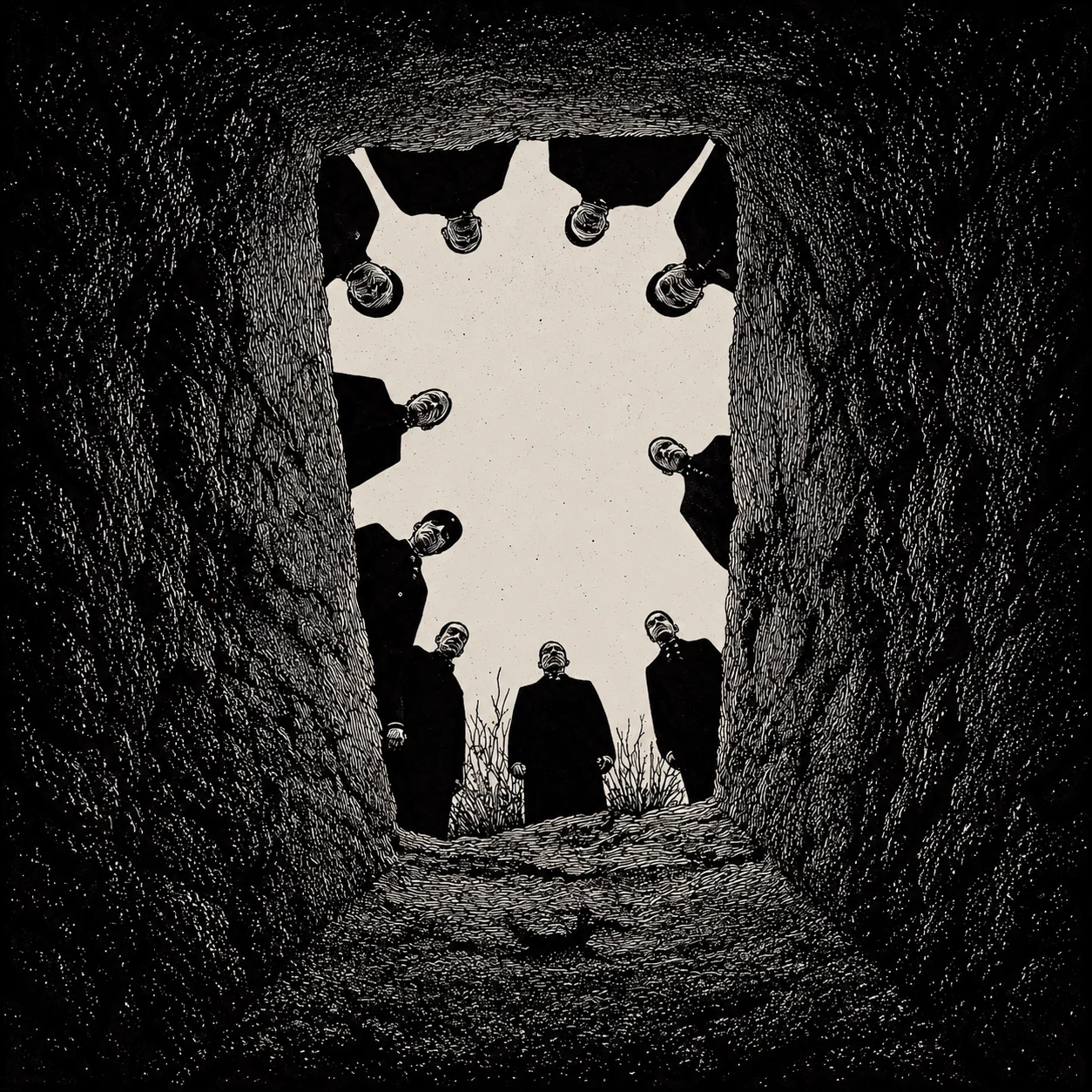 Ten black-coated mourners looking down into a grave, drawn in black ink