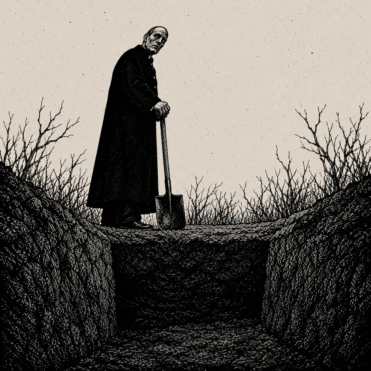 A mourner waiting with a shovel