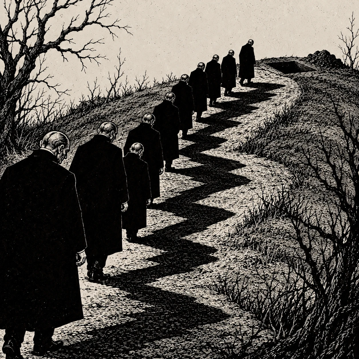 A procession of black-coated mourners follows the path to a grave